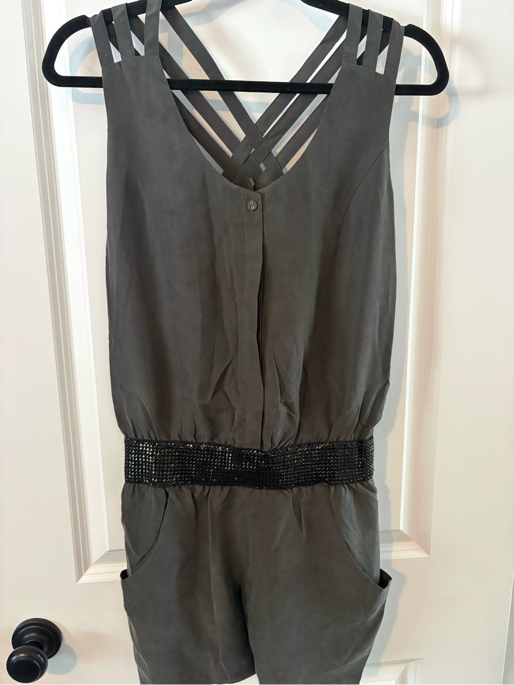 Sleeveless Silk Gray Strappy Romper with statement Waist